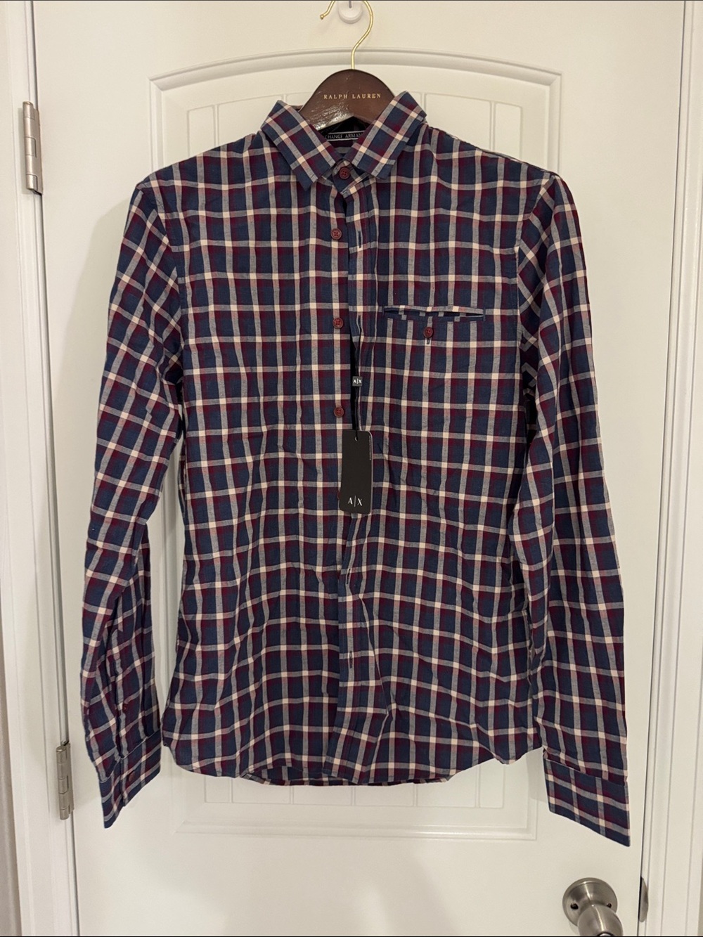 A/X Armani Exchange Men's Navy, Red & White Plaid Button-Down Shirt
